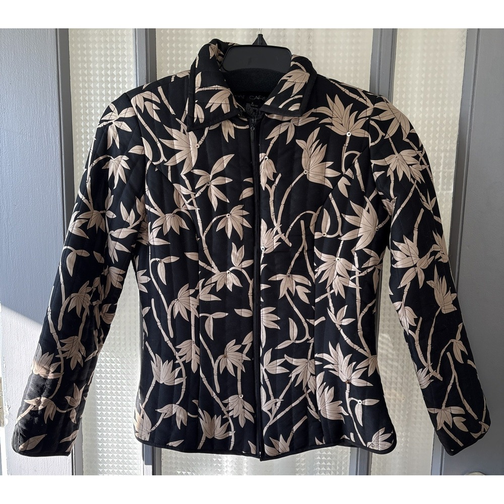 Anne Carson Womens Black Tan Silk Quilted Bamboo Leaf Sequin‎ Zip Jacket Small
